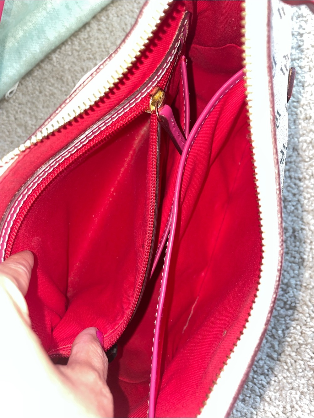 Dooney Bourke White Monogram Shoulder Bag with Pink Trim - Gretta Twist Strap - Picture 15 of 17